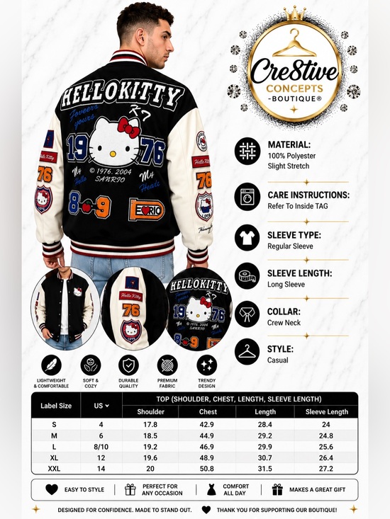 Hello Kitty Jackets & Blazers - Hello Kitty Black & White Varsity Jacket – Sanrio Licensed Graphic Bomber Jacket